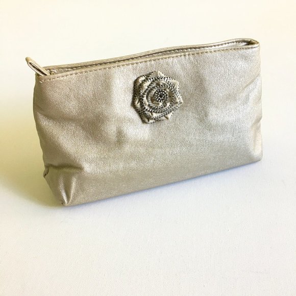 Lancome Handbags - Lancome Paris Cosmetic Pouch Bag Faux Leather Gold Tone Zippered Flower Front